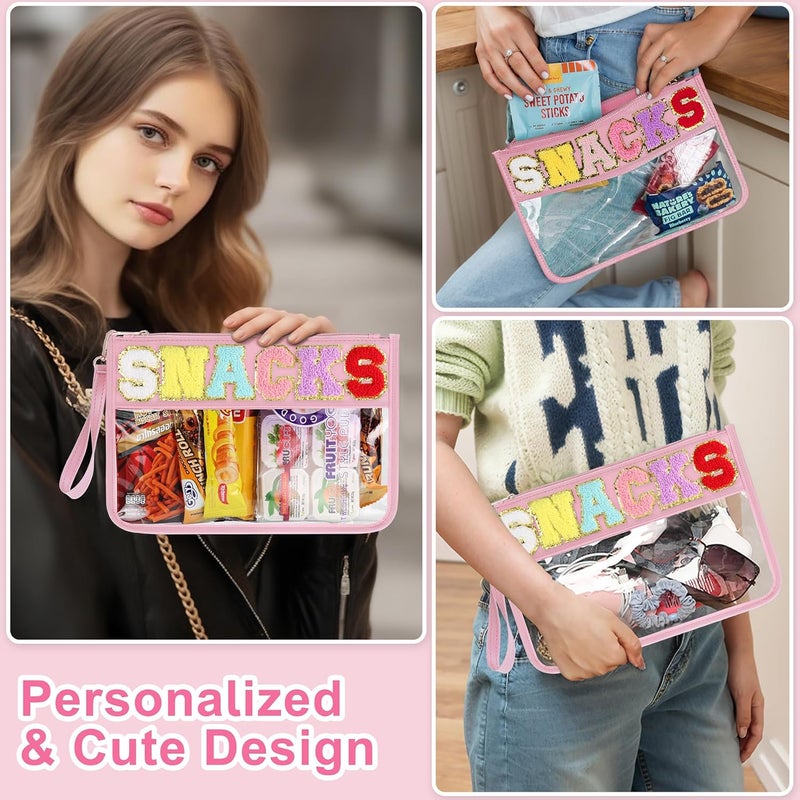 TESAFNG Snack Bag for Travel - Clear Chenille Varsity Letter Flat Pouch with Zipper, 12.2×8.46 inch Waterproof Clear Nylon Preppy Patch Makeup Cosmetic tote Bags for Women Girls - Image 4
